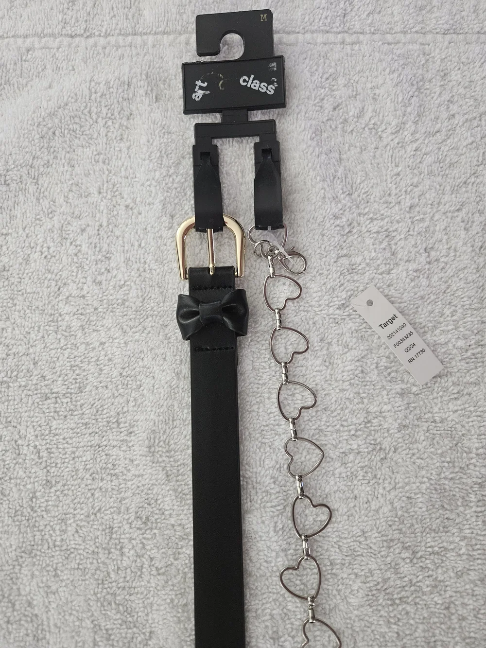 Art Class Girls Black Faux Leather Bow Belt Detachable Silver Heart Chain Size M